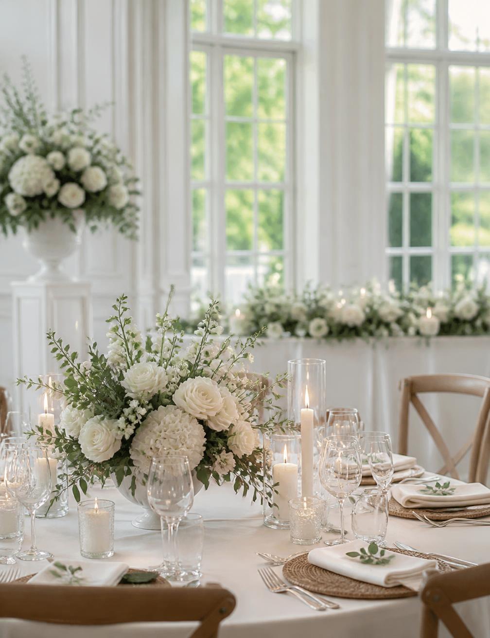 Elegant white floral table setting at a bright event venue in Mooresville NC